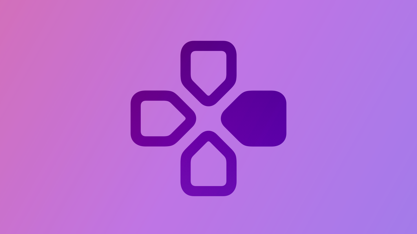 A sketch of a D-pad control from a game controller, suggesting gameplay. The image is tinted purple to subtly reflect the purple in the original six-color Apple logo.